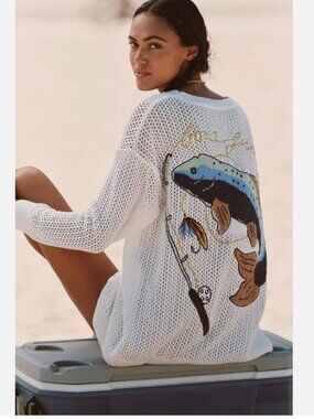 Anthropologie Celandine Icon Cardigan Sweater Fish Fishing Nautical L NWT Large